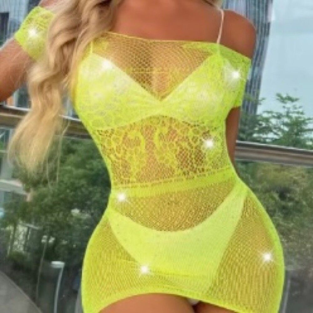 Stunning and Sexy Fishnet Teddy Dress with Rhinestone. One Size. NWT.